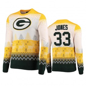 Men's Green Bay Packers Aaron Jones White 2021 Christmas Gift Big Logo Sweater