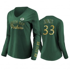 Women's Aaron Jones Green Bay Packers Green Iconic All Out Glitz V-Neck Long Sleeve T-shirt