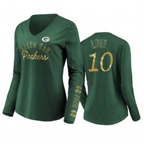 Women's Jordan Love Green Bay Packers Green Iconic All Out Glitz V-Neck Long Sleeve T-shirt