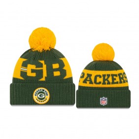 Youth Green Bay Packers Gold Green 2020 NFL Sideline Official Sport Pom Cuffed Knit Hat